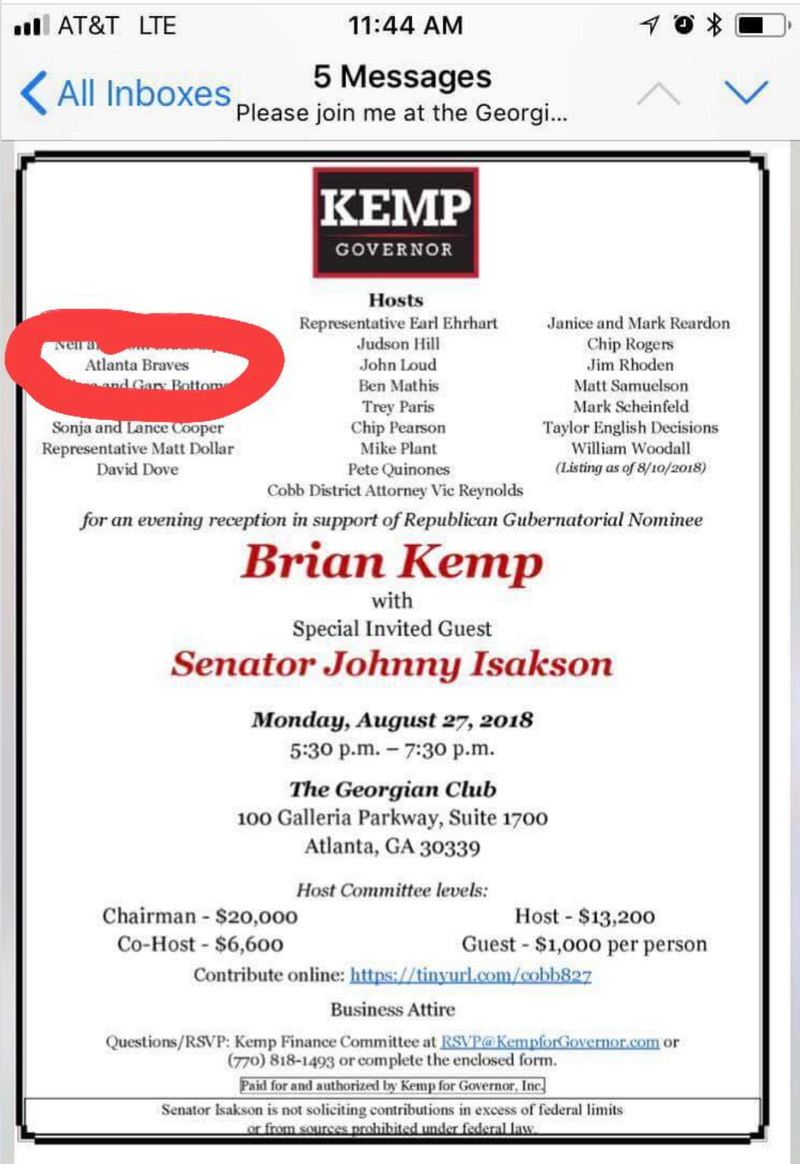 Illustration for article titled The Braves Are Co-Hosting A Fundraiser For Xenophobic Gubernatorial Candidate Brian Kemp